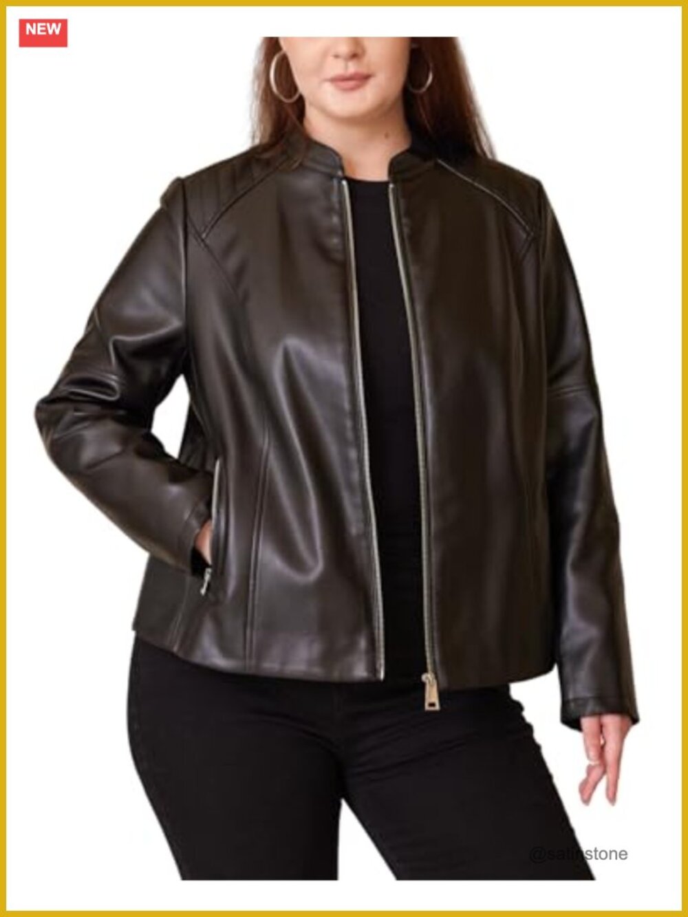 Women Plus Size Faux Leather Moto Jacket Oversized Biker Coat Quilted Shoulders